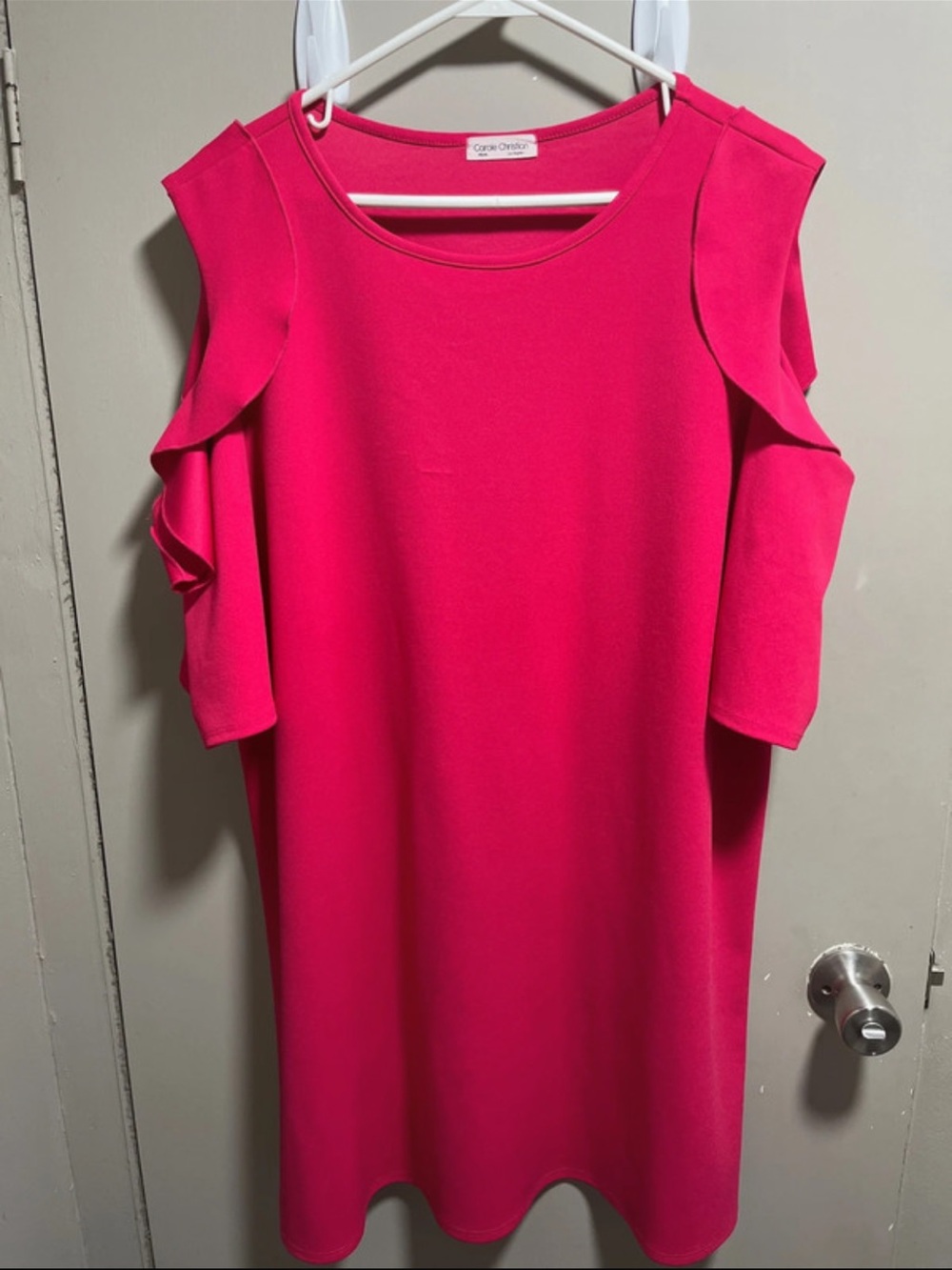 Cold-Shoulder Ruffle Midi Dress in Hot Pink